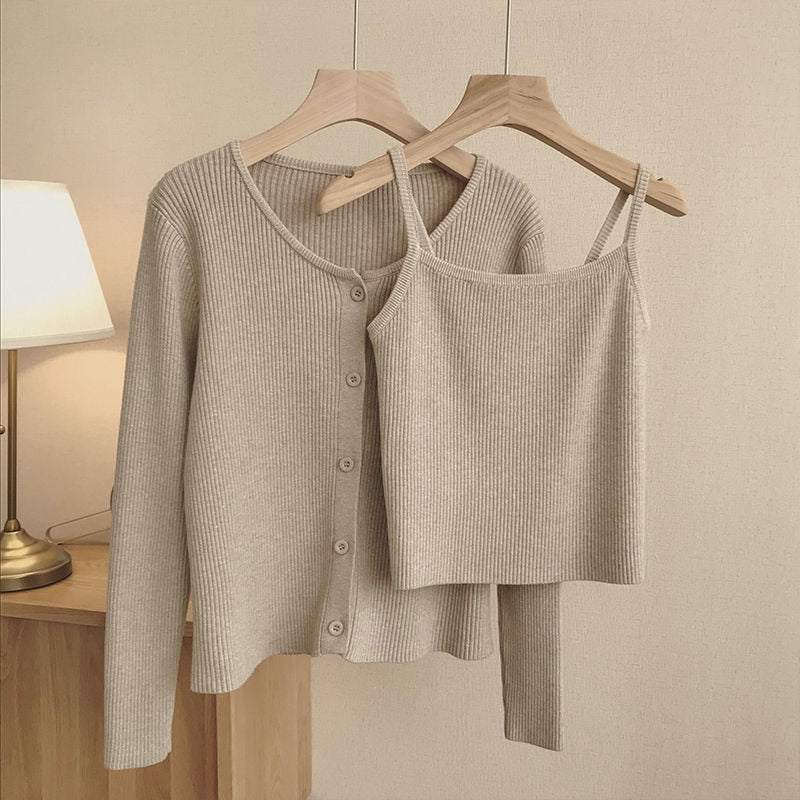 Casual Sling Camisole Knitted Cardigan Jacket Women Korean Fashion Basic Vest+long Sleeve Top Solid 2 Piece Set Sweater Oversize
