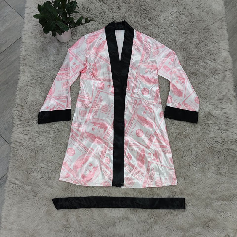 Bonnie Forest Womens Money Printed Sleep Mini Dress Lounge Wear 2022 New Fashion Belted Night Out Dress Homewear Party Club Robe