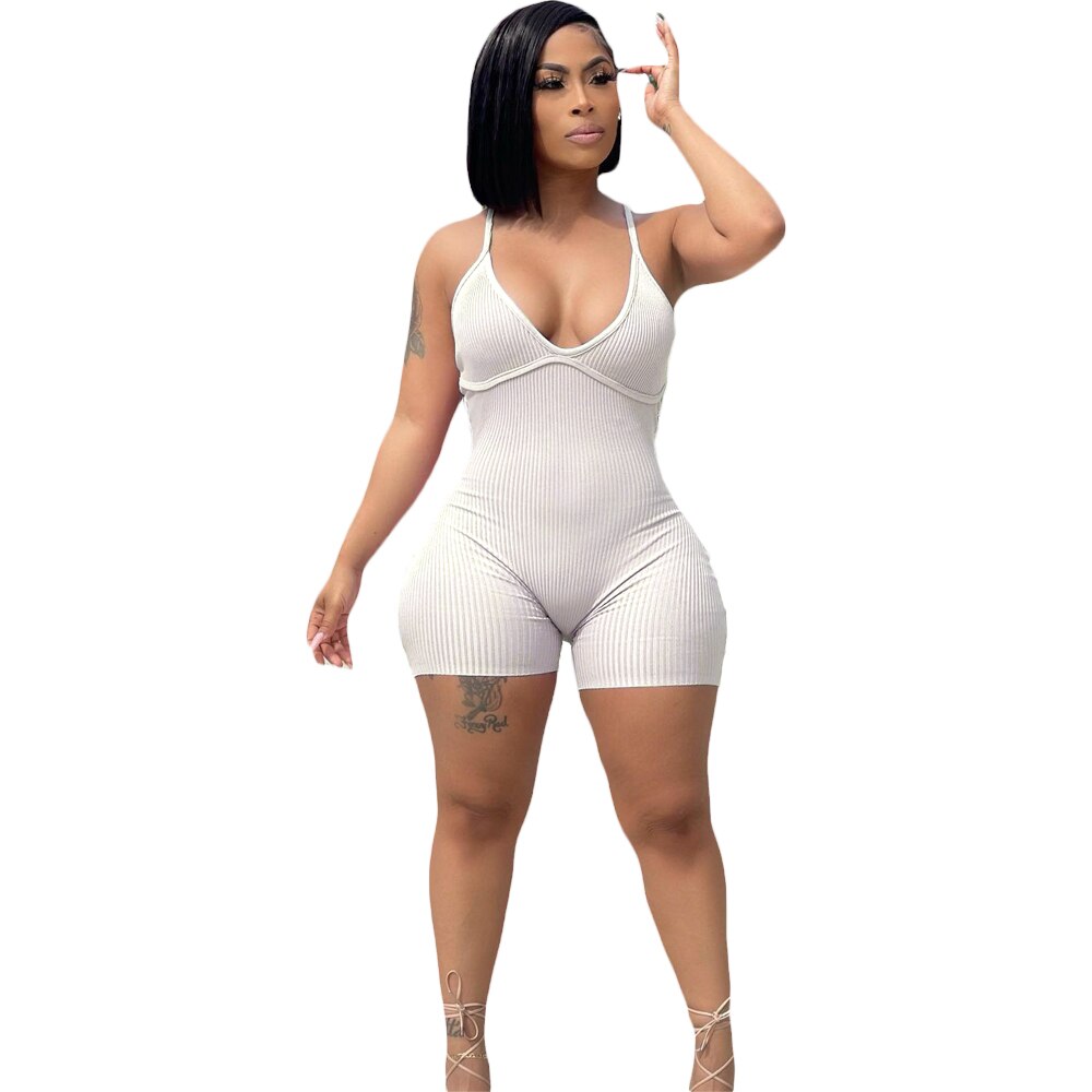 Women Solid Color Jumpsuit 2021 Summer Suspenders V-Neck Catsuit Sexy Outdoor Club Clothing