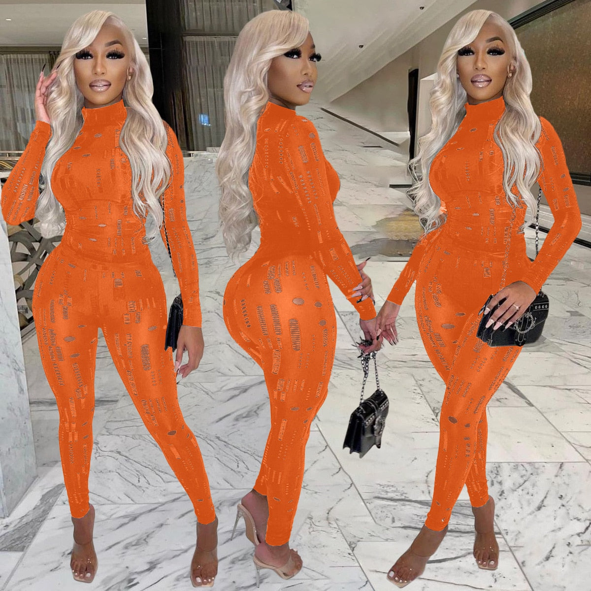 Irregular Hole Fall Trend Skinny  Women Tracksuit Sexy Hollow Out  Top T-Shirt + Slim Pencil Pants 2 Piece Matching Set Outfits