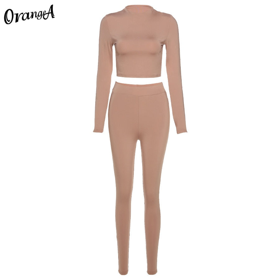 OrangeA turtleneck tracksuit women solid long sleeve crop top leggings sporty bodycon streetwear stretchy matching set outfits
