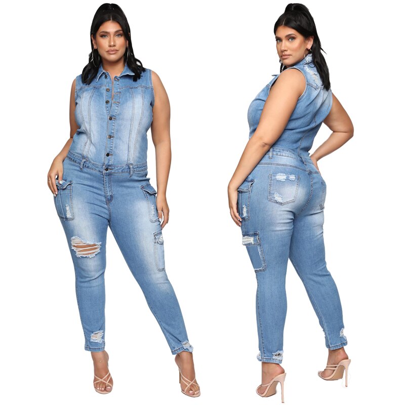 Casual Slim Sleeveless Stretch Ripped Jeans Jumpsuit Denim Playsuit 2021 Summer Cotton Jump Suit Party Club Overalls Cargo Pants