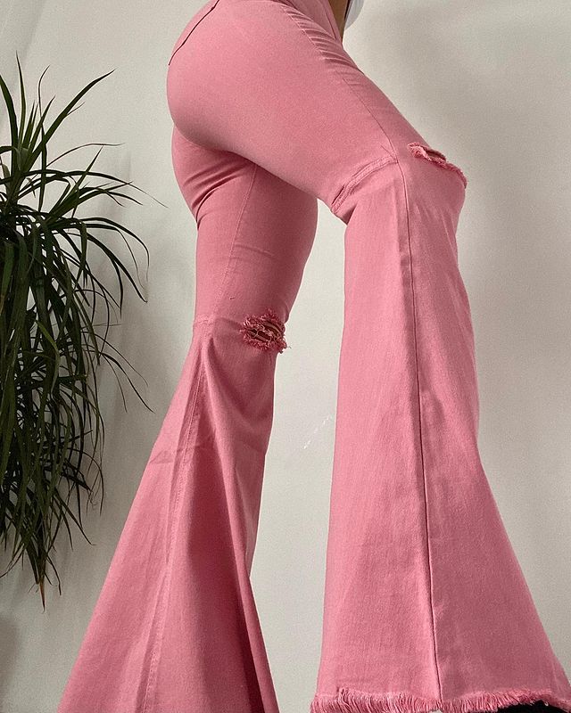 Skinny Flared Jeans High Waist Solid Color Knees Hole Tight Denim Pants Washed Wild Stylish Chic Sexy Tassel Hem Trousers