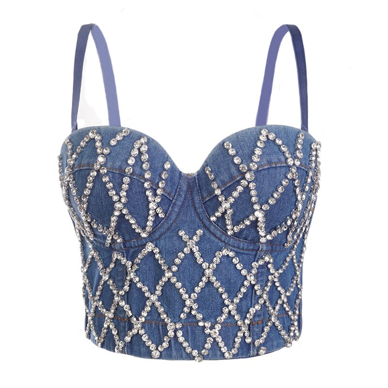 SXTHAENOO Fashion Sexy Denim Jeans Women's Button Bustier Bra Night Club Party Cropped Top Vest Plus Size
