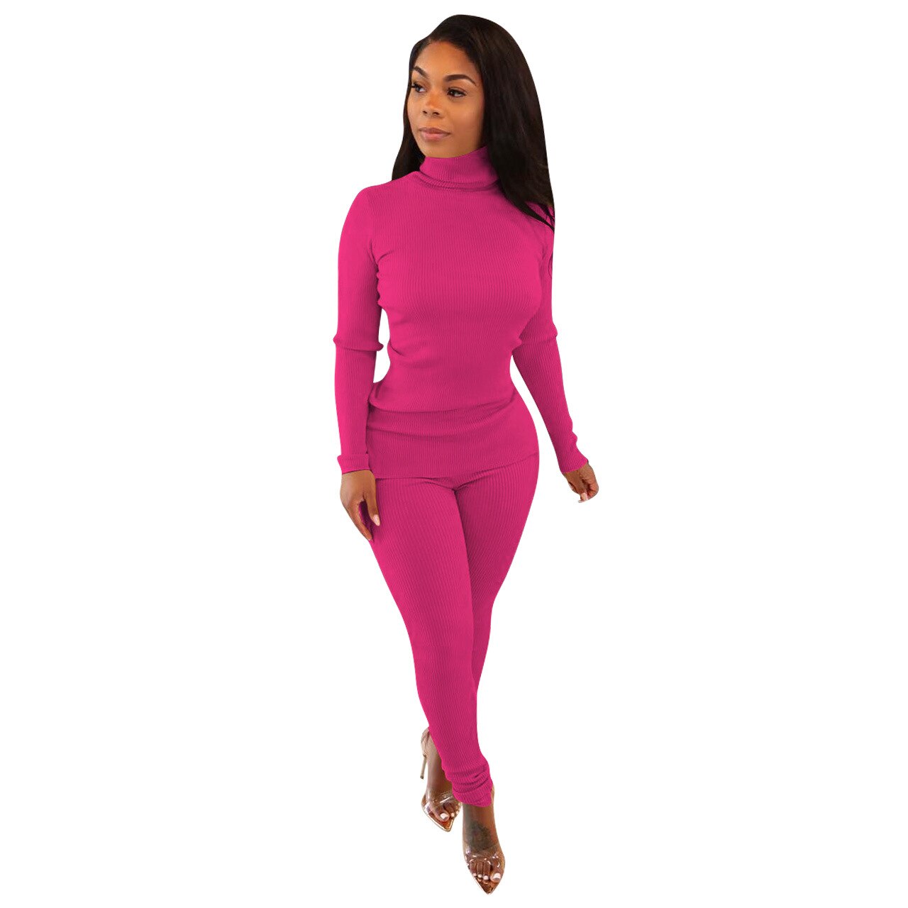 Lounge wear Knitted Rib Solid Tracksuit Women Casual Sport Fitness Turtleneck Sweater Top + Leggings Two Piece Set Club Outfits