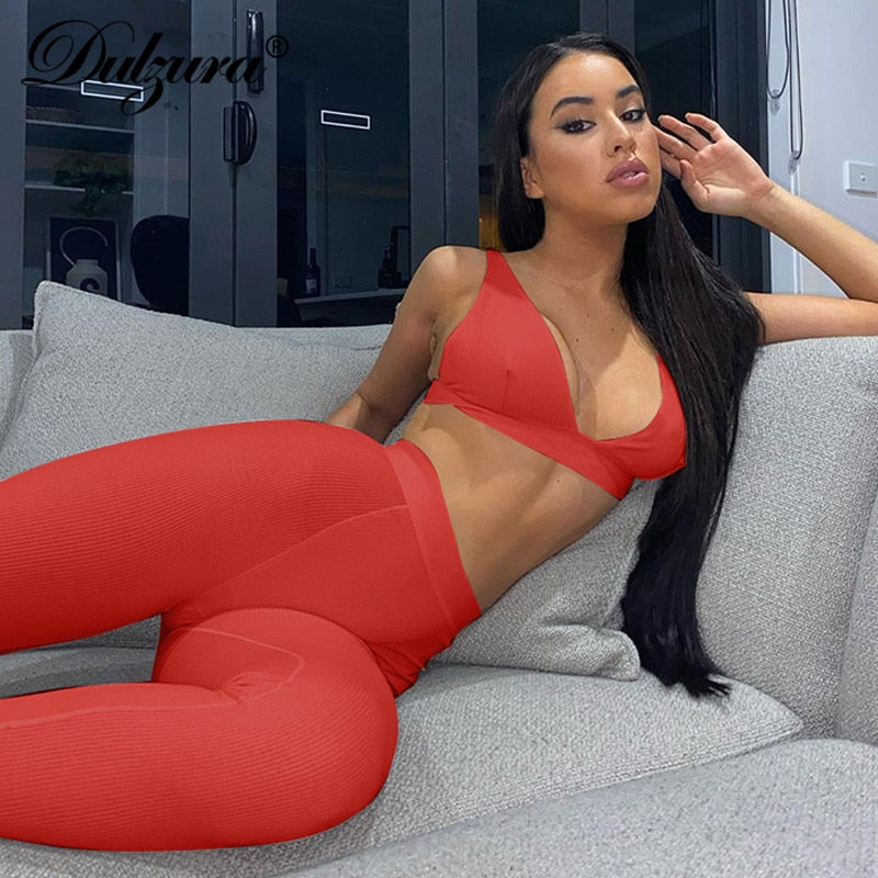 Dulzura Ribbed Women 2 Pieces V Neck Bra Leggings Set Crop Top Matching Co Ords 2020 Autumn Winter Clothes Sporty Tracksuit Club