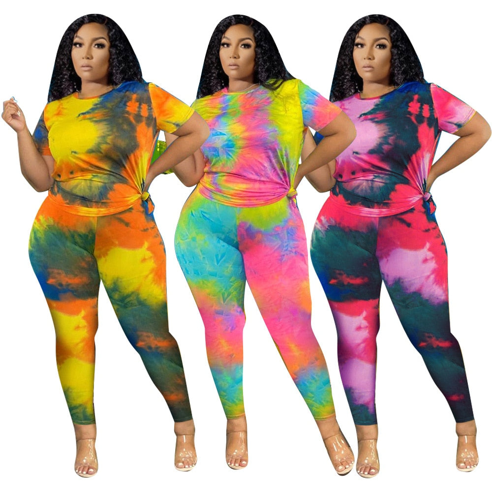 Plus Size Women Clothing 2 Piece Set Outfits Tie Dye Pants Sets Crop and Top Summer Fashion Streetwear Wholesale Dropshipping