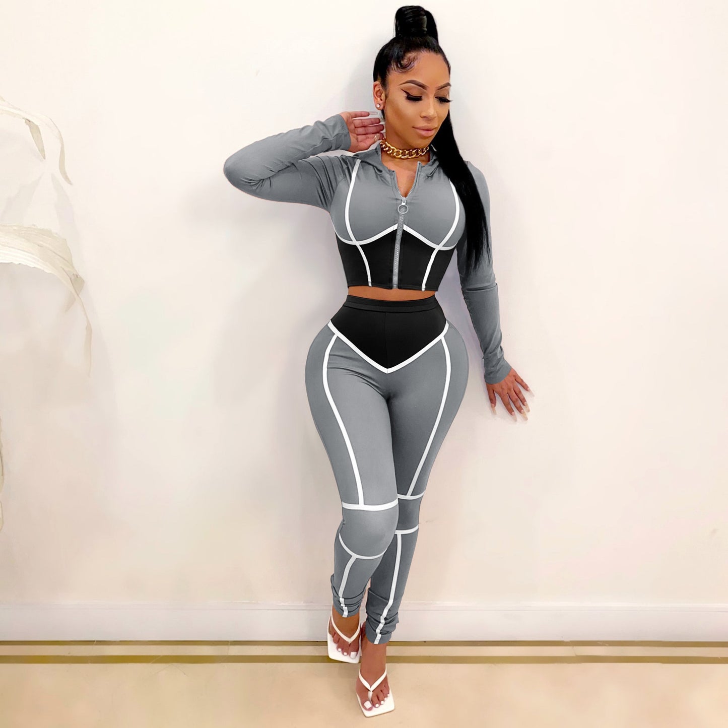 ANJAMANOR Caged Color Block Fashion Sweat Suits Women Tracksuit Zip Up Cropped Hoodie and Pants Two Piece Matching Sets D48-DE42