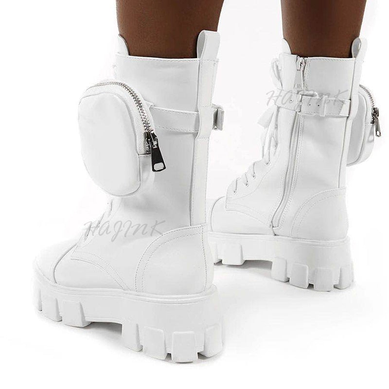 Women Boots 2020 Fashion Chunky Boots Pocket Platform Boots White Shoes For Women Autumn Winter Boots High Heels Botas Mujer