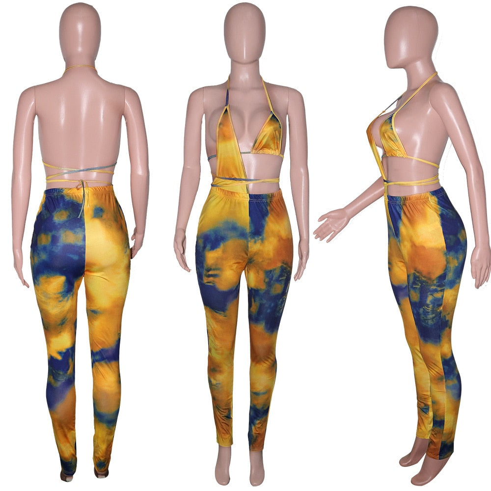 hirigin Gradient Tie Dye Print Jumpsuits for Women Halter Neck Backless Party Club Outfit Summer Hollow Irregular Catsuits