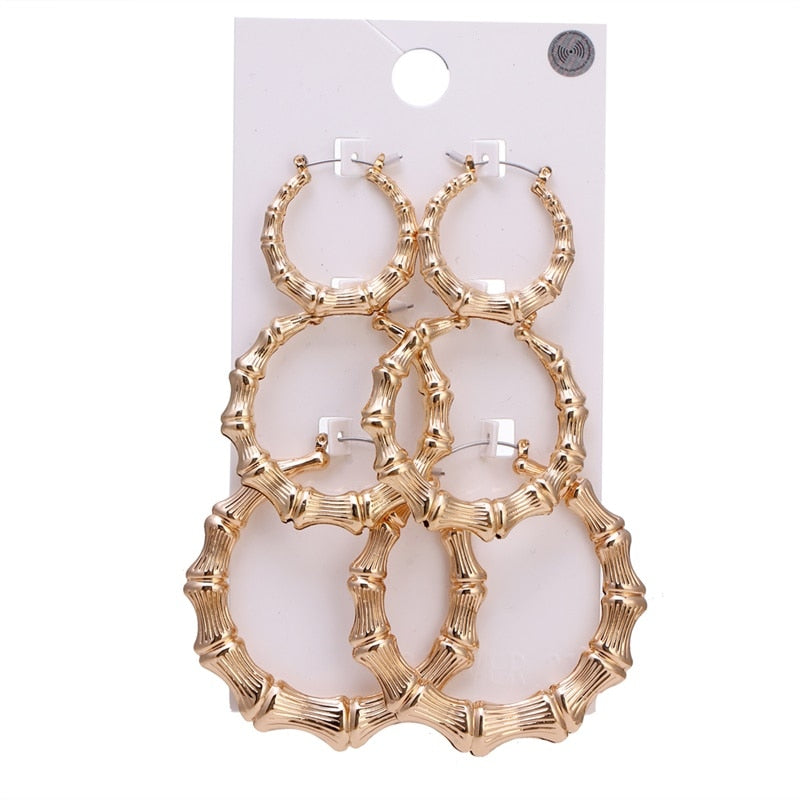 FNIO Statement Gold/Sliver Big Bamboo Circle Hoop Earrings For Women Hip Hop Earrings set Classic Jewelry 3pcs/set