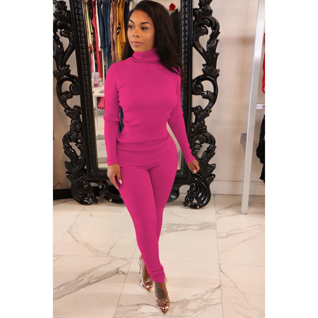 Lounge wear Knitted Rib Solid Tracksuit Women Casual Sport Fitness Turtleneck Sweater Top + Leggings Two Piece Set Club Outfits