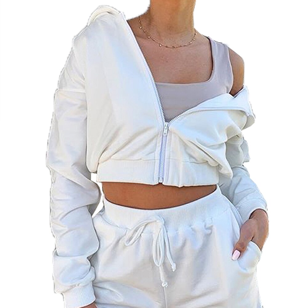 Autumn New Fashion 2Pcs Sports Clothing Suit Casual Womens Girls Zipper Sweater Hoodie Long Sleeve Hoodies+High Wait Shorts Sets