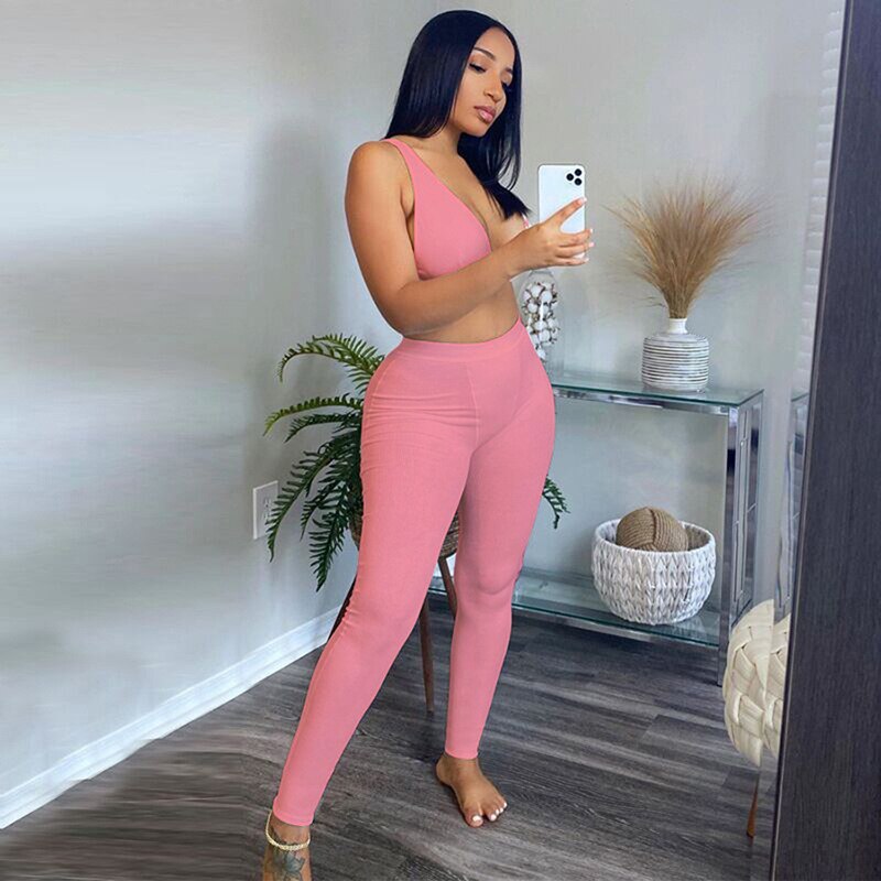 Fitness Knit Rib Tracksuit Women Summer Sexy Lounge wear V Neck Backless Crop Top with Sweatpants Two Piece Set Jogging Femme