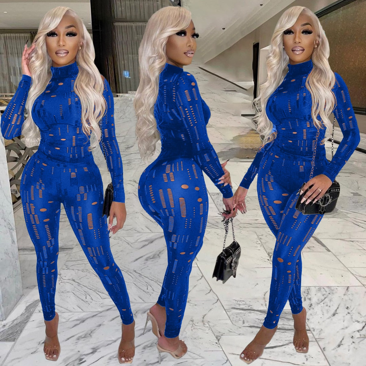 Irregular Hole Fall Trend Skinny  Women Tracksuit Sexy Hollow Out  Top T-Shirt + Slim Pencil Pants 2 Piece Matching Set Outfits