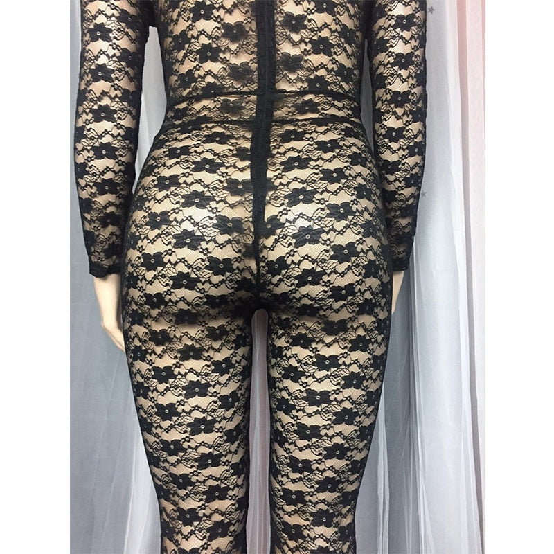 Women Night Club Long Sleeve Jumpsuit Wholesale Bodycon Sexy Lace Bodysuit Flare Trouser Plus Size Rompers Jumpsuit Dropshipping