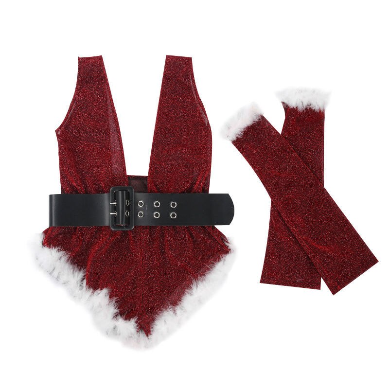 Christmas Bodysuit Women Sexy Deep-V Neck Rompers Hat Sleeve Bodysuit 4 Piece Set Santa Suit Christmas Party Sexy Lingerie
