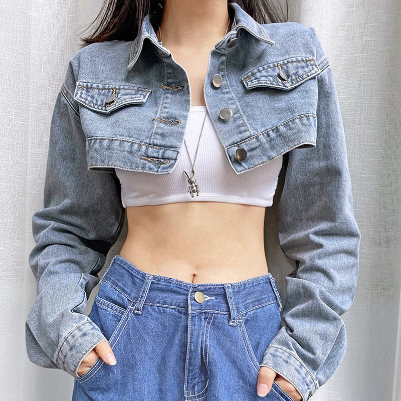 Y2K Solid Cropped Denim Jacket Women Autumn Vintage Sexy Kpop Streetwear Jeans Down Coat Female Winter 2020 E Girl Top Iamhotty