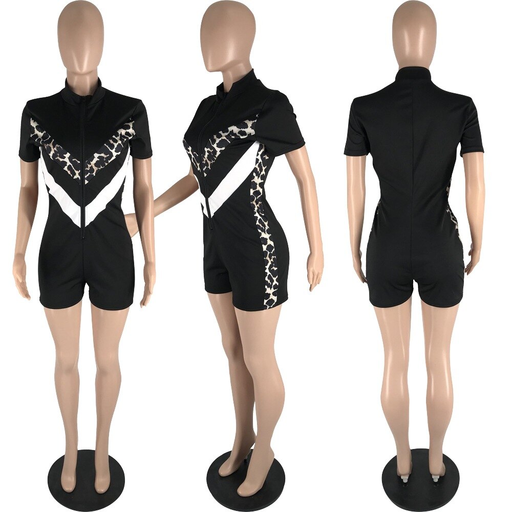 Romper Playsuit Shorts Jumpsuit Women Rumpers Fashion Zipper V Collar Short Sleeve Rompers Overall Leopard Patchwork Bodysuit
