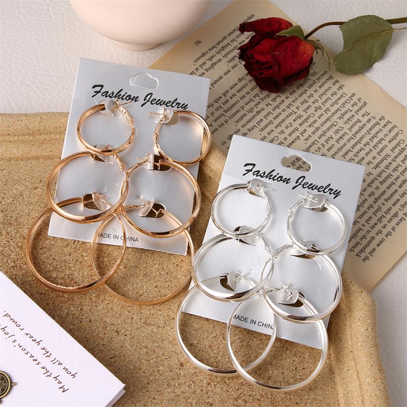 FNIO Statement Gold/Sliver Big Bamboo Circle Hoop Earrings For Women Hip Hop Earrings set Classic Jewelry 3pcs/set