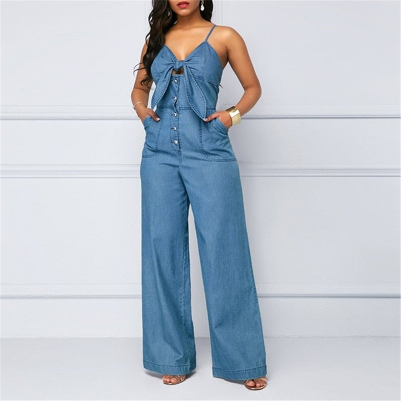 HIRIGIN Summer Women's Denim Jumpsuit Sexy High Waist Wide Leg Long Pants Romper Front Tie Knotted Jeans V-neck Overalls 2021