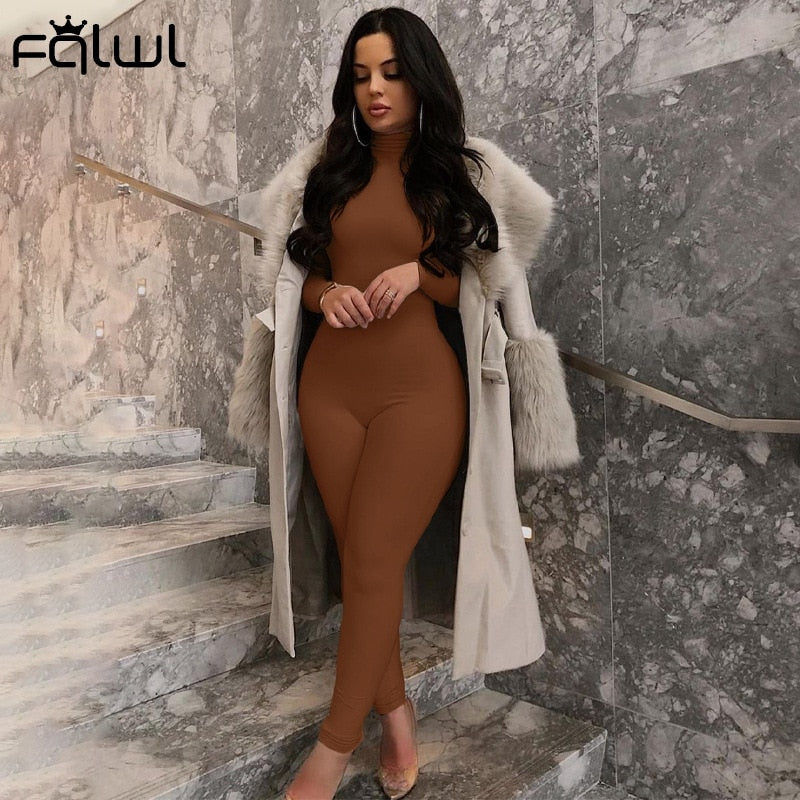 FQLWL Winter Long Sleeve Brown Sexy Bodycon Jumpsuit Women Romper One Piece Outfit Turtleneck White Black Jumpsuit Female Ladies