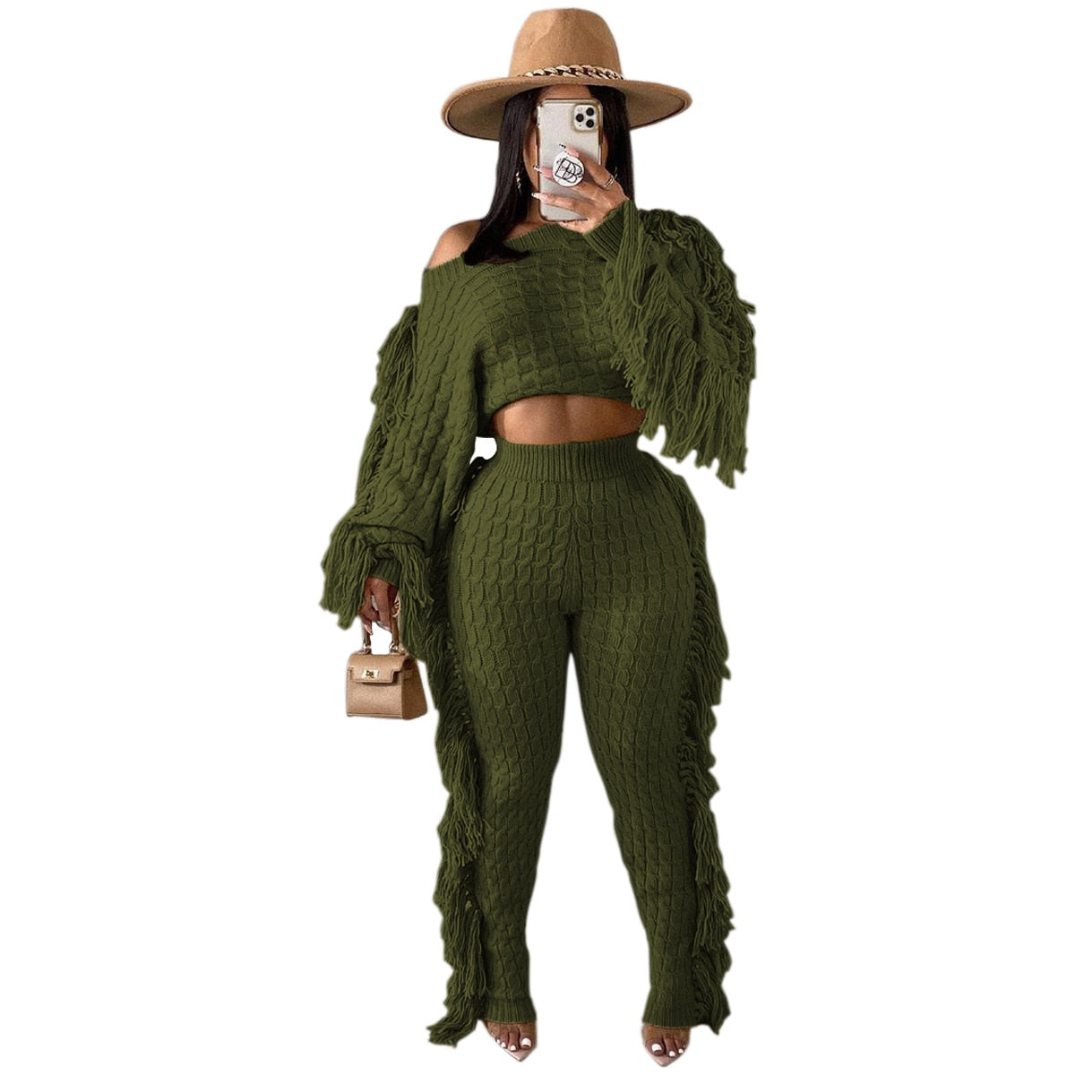 ANJAMANOR Tassel Knitted Sweater Sexy Two Piece Set Matching Pants Sets Fashion Winter Outfits for Women 2021 Wholesale D62-HZ95