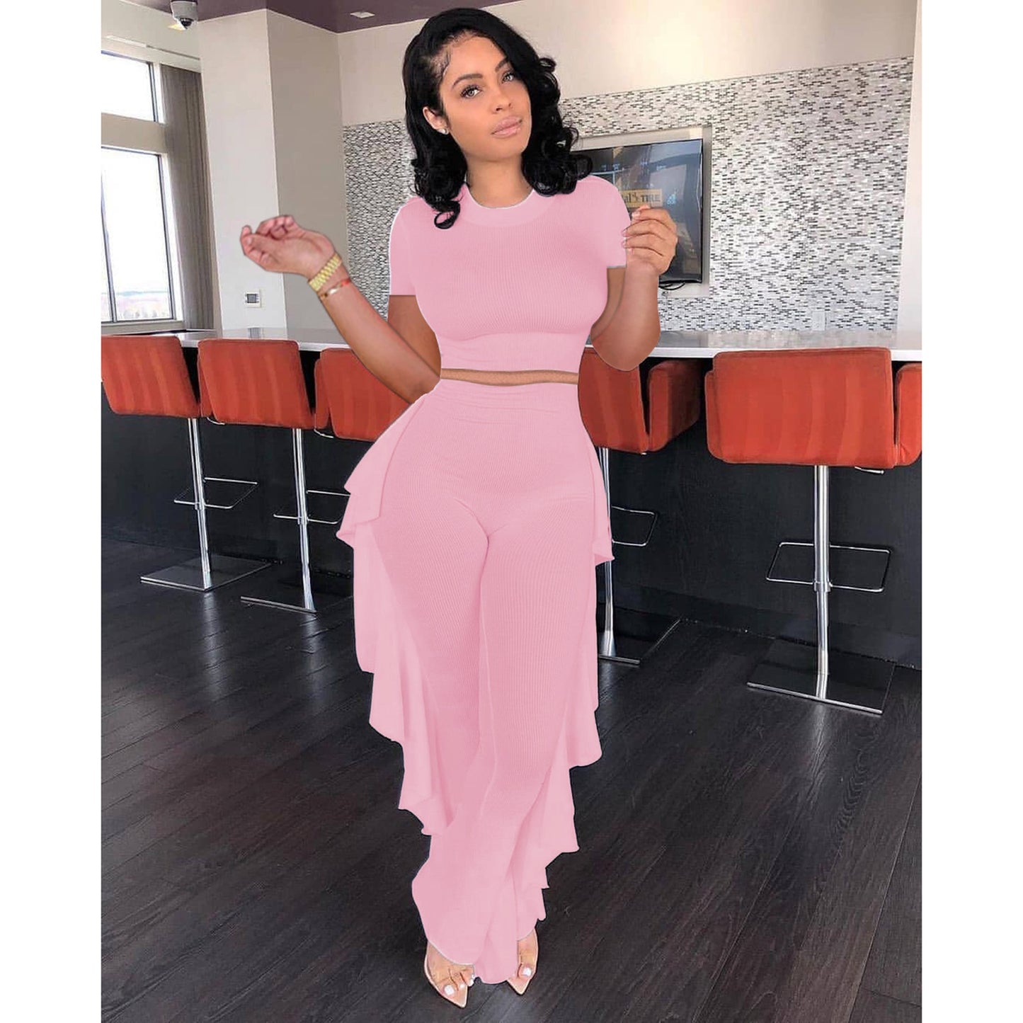 Lounge wear Solid Tracksuit Women Summer O Neck Short Sleeve Crop Top + Ruffles Pants Slim Two Piece Set Outfits Streetwear