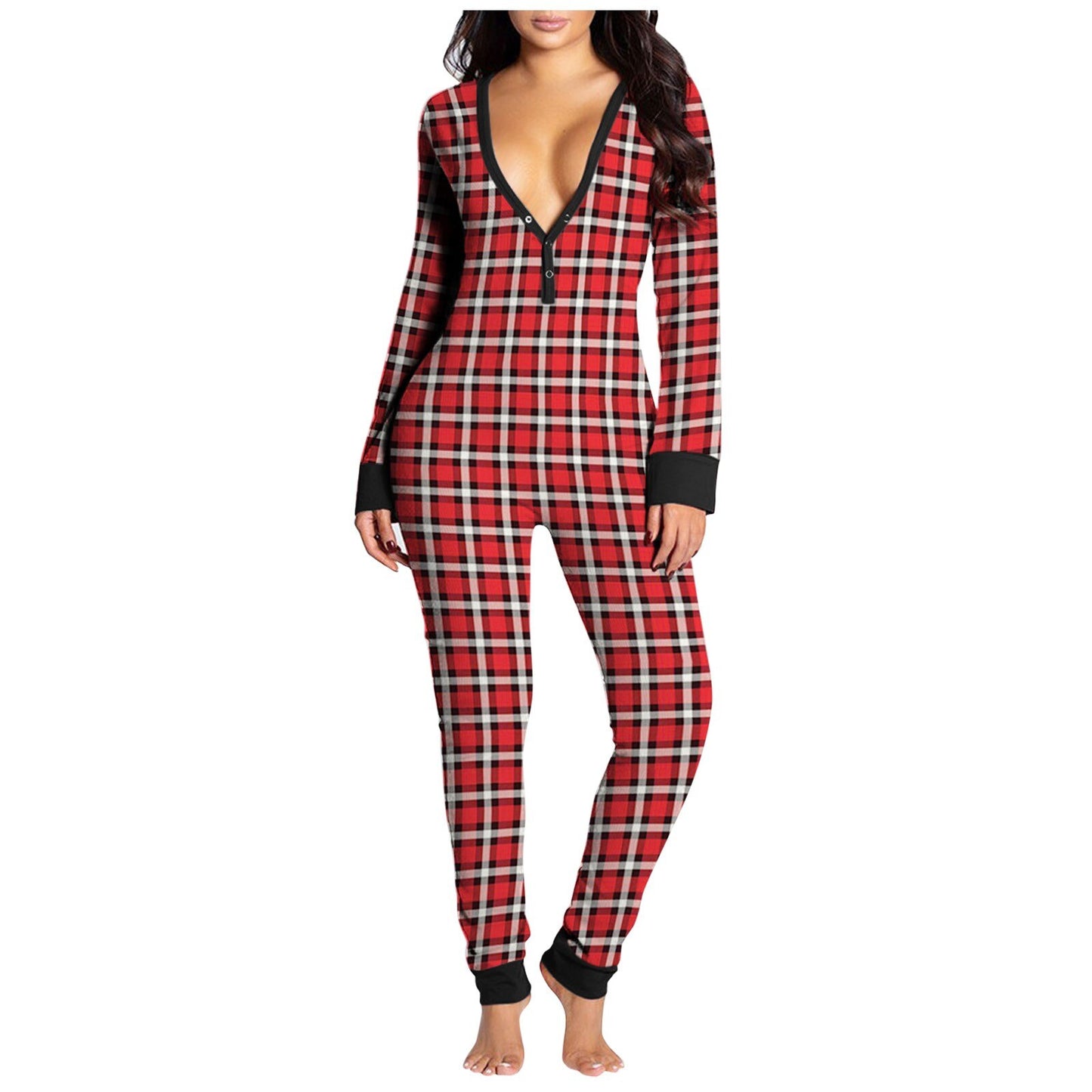 Onesie Plaid Print Button-down Front Functional V-neck Buttoned Flap Jumpsuit Combinaison Pyjama Femme Sexy