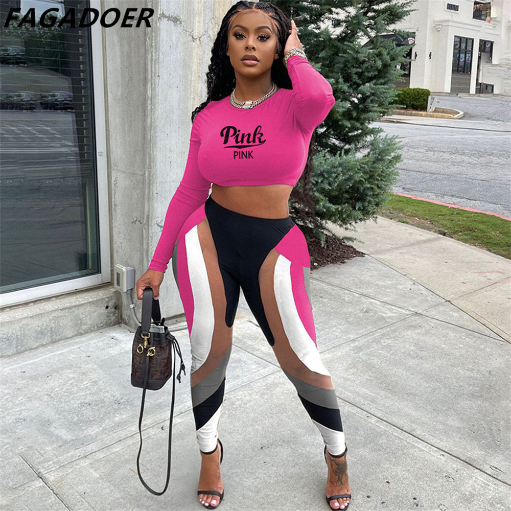FAGADOER Street Casual Two Piece Set Women Sporty Pink Letter Print Crop Top Skinny Patchwork Leggings Matching Outfit Tracksuit