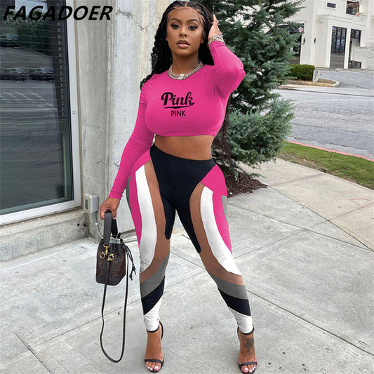 FAGADOER Street Casual Two Piece Set Women Sporty Pink Letter Print Crop Top Skinny Patchwork Leggings Matching Outfit Tracksuit