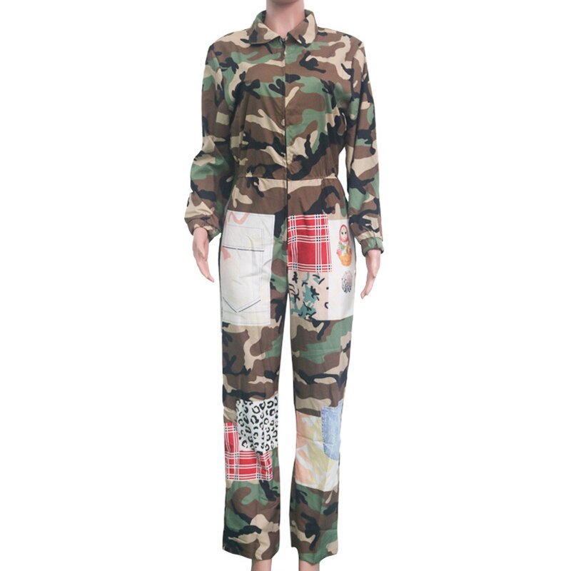 Military Cargo Jumpsuit Camouflage Women Zip Up Romper Long Sleeve Pants Baggy Female Retro Overalls Harajuku Streetwear Winter