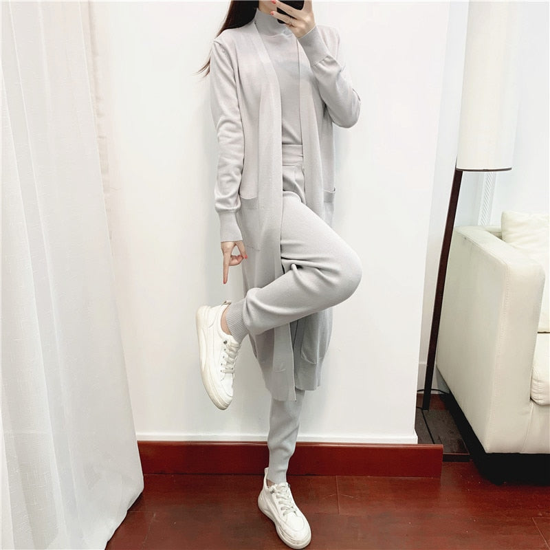 Women Sweater 3 Piece Set Tracksuit 2022 spring Autumn Long Cardigan Coat + Half Turtleneck Vest + Pants Knitted Suits Outfits
