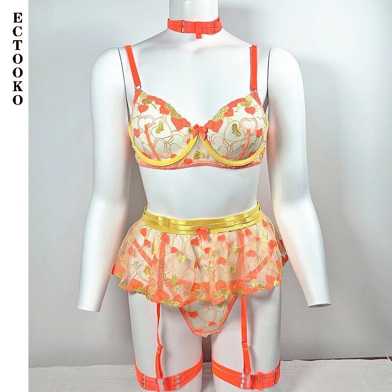 ECTOOKO 2022 Hot Sensual Erotic Sexy Lingerie  4 Piece   Women's Heart Embroidery  Lace  Lingerie Set Luxury Victoria Secret