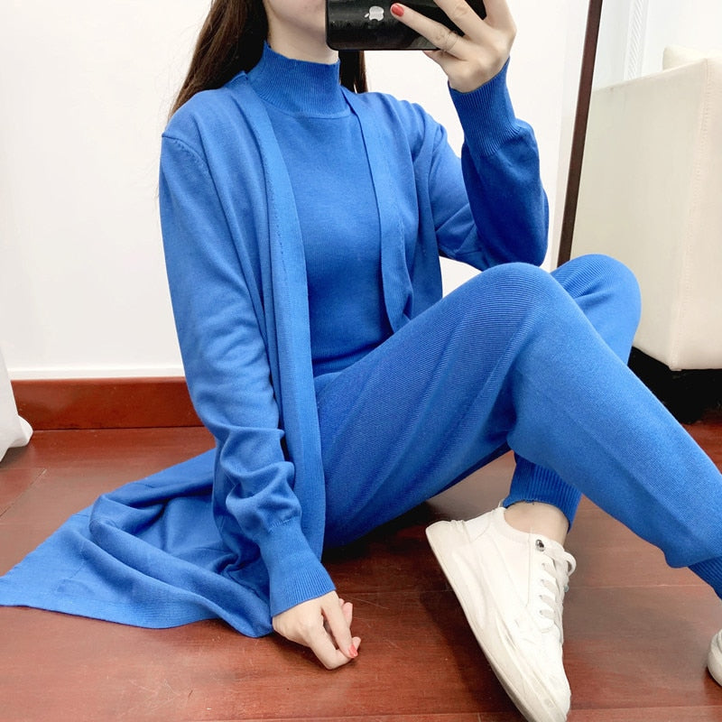Women Sweater 3 Piece Set Tracksuit 2022 spring Autumn Long Cardigan Coat + Half Turtleneck Vest + Pants Knitted Suits Outfits