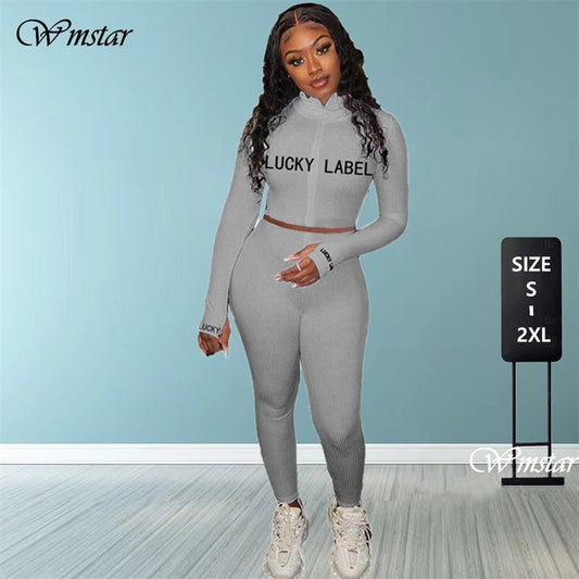 Lucky Label 2 Piece Set Women Fall Fitness Outfit Tracksuit Stretch Knitted Top Leggings Matching Set Girl Wholesale Dropshpping