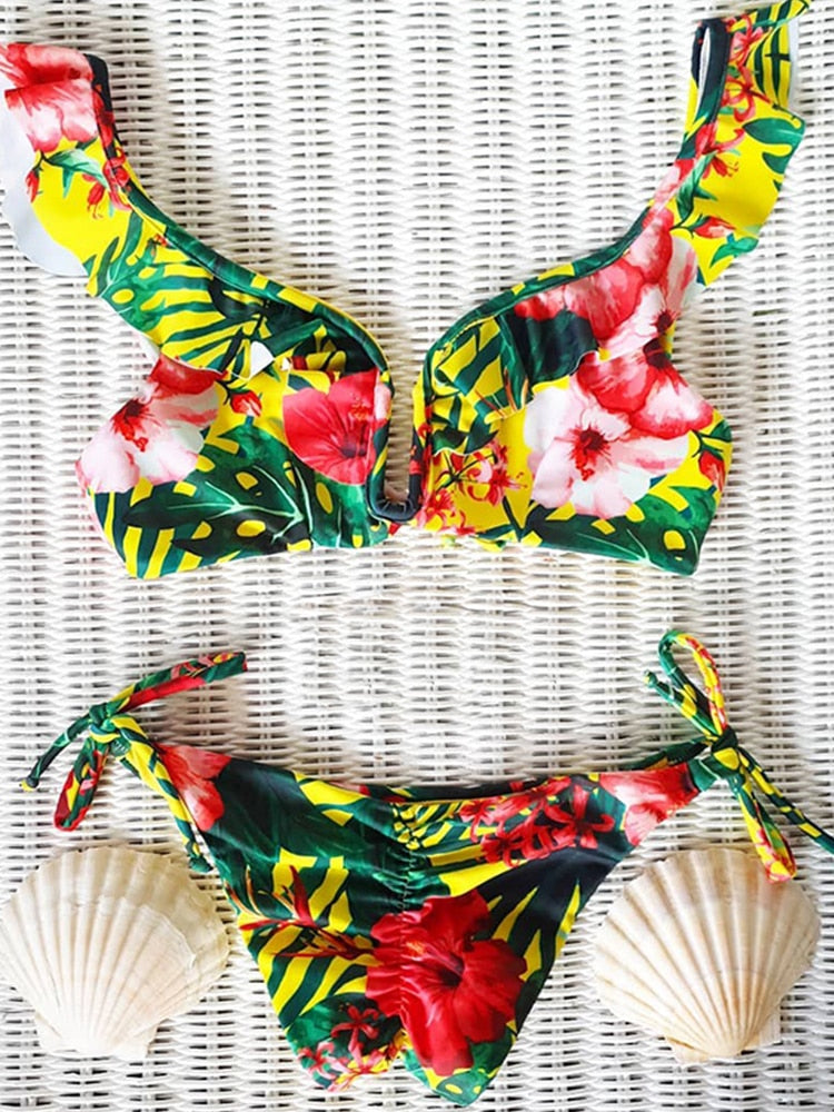2022 Bikini Set Women Swimwear Push Up Swimsuit Top Solid Bottom Print Brazilian Biquini Bathing Suit Swim Wear Beach