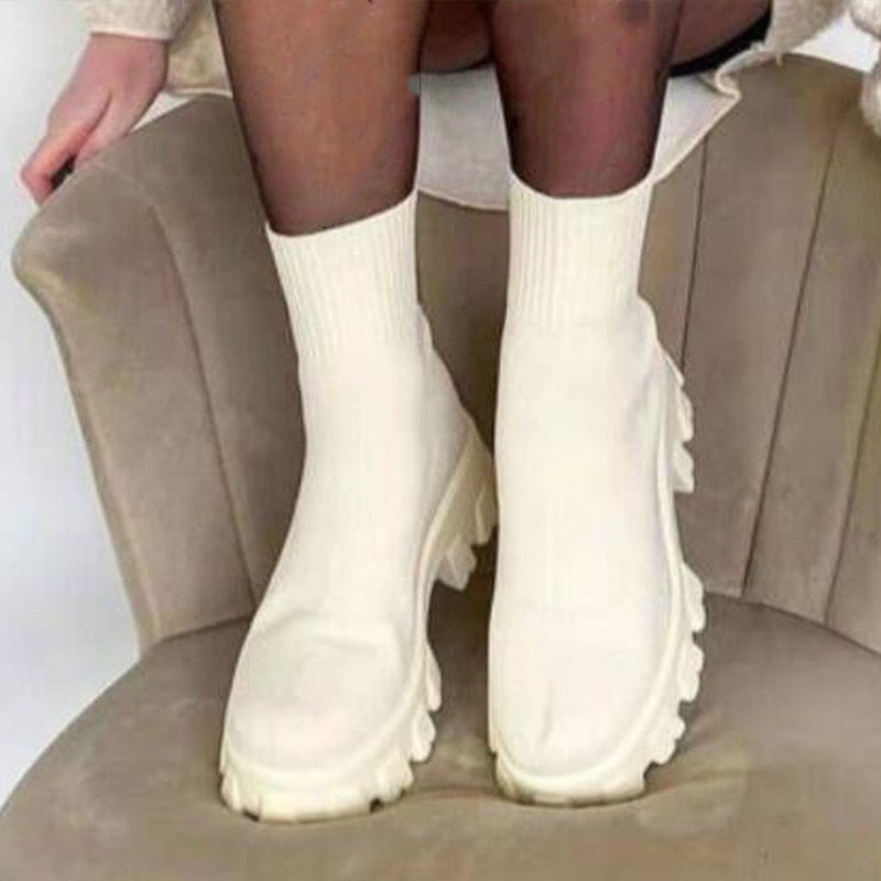 Ankle Sock Stretch Boots Designer Chunky Platform Snow Boots 2021 New Winter Warm Fashion Mid Heels Knitting Chelsea Women Shoes