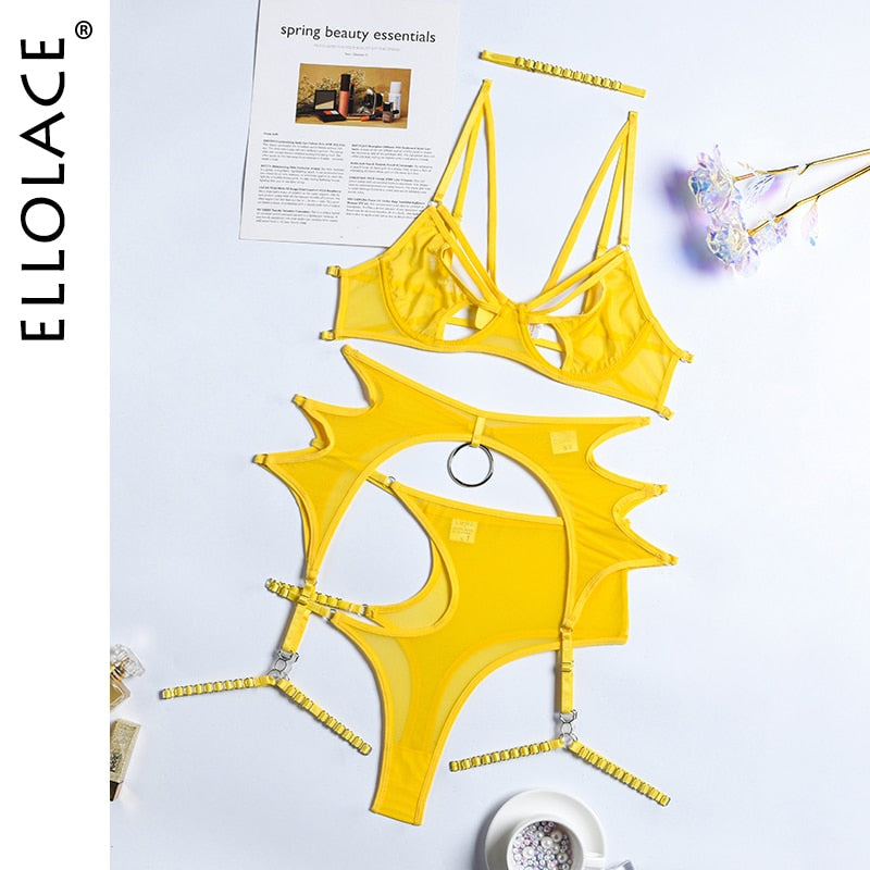 Ellolace Sexy Lingerie Cut Out Bra Erotic Brief Sets 4-Pieces Sensual Fancy Underwear Garters G-Strings Thongs Lace Exotic Set