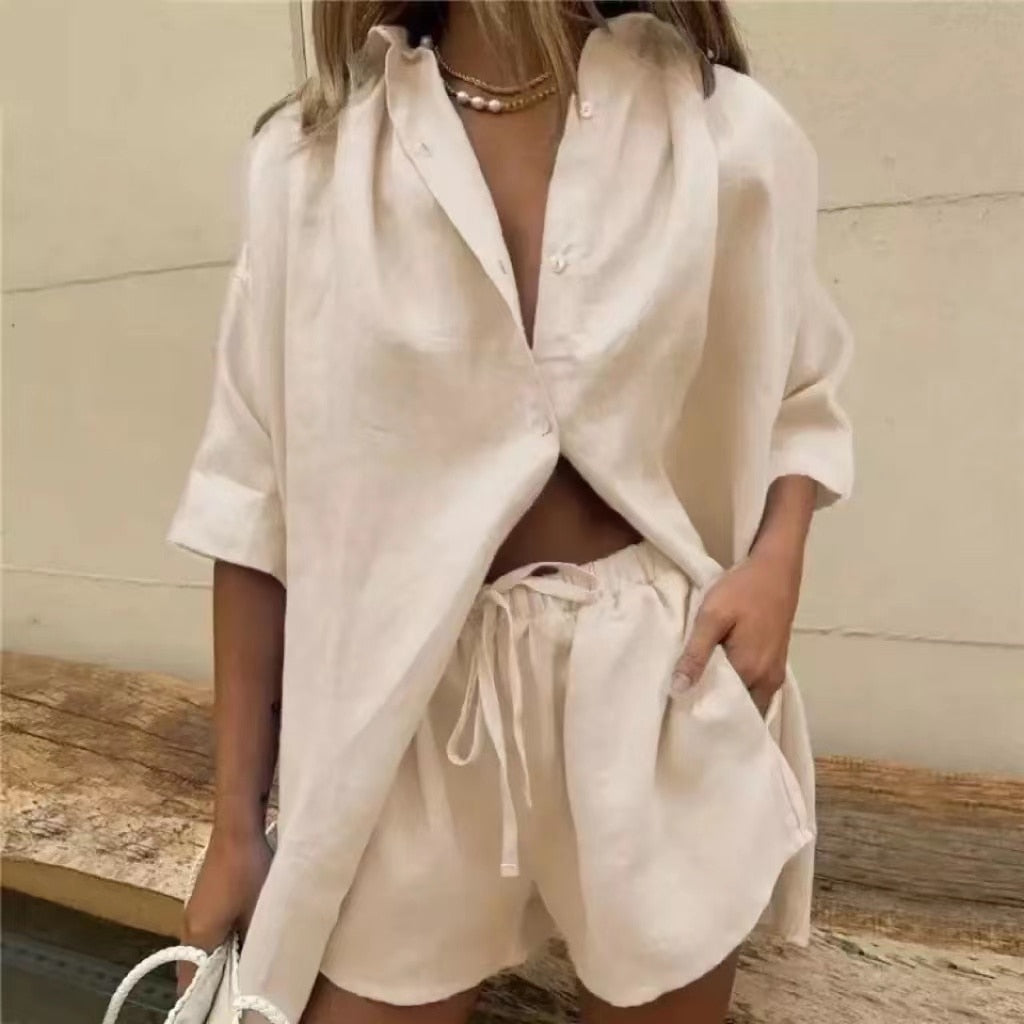 2022 New Casual Womem Lounge Wear Summer Solid Tracksuit Shorts Two Piece Set Short Sleeve Shirt Tops And Drawstring Shorts Suit