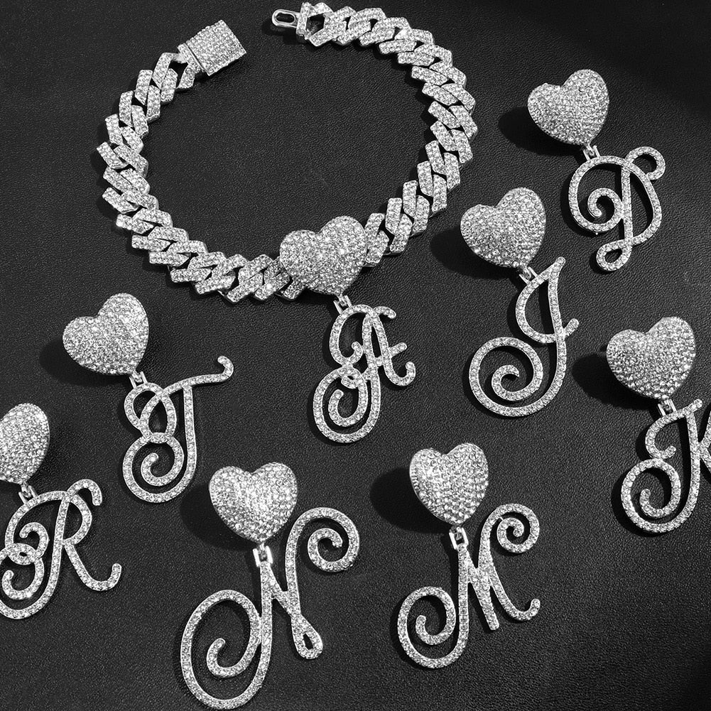 New A-Z Cursive Letter Initial Heart Cuban Anklets For Women Hip Hop Bling Rhinestone Cuban Chain Anklet Bracelet Foot Jewelry