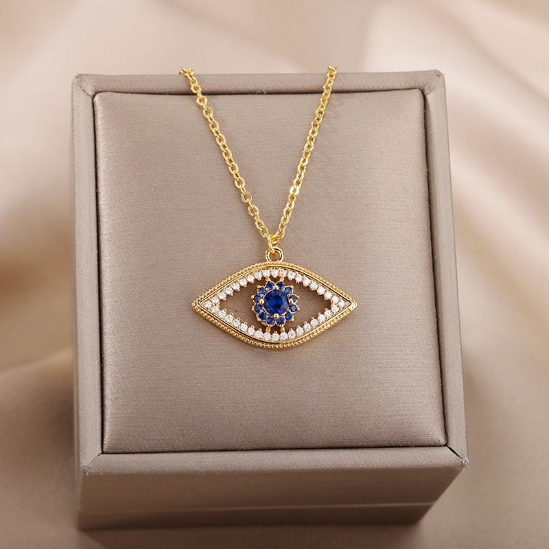 Turkish Evil Eye Pendant Necklace for Women Stainless Steel Gold Chain Necklaces 2022 Trend Choker Boho Lucky Aesthetic Jewerly