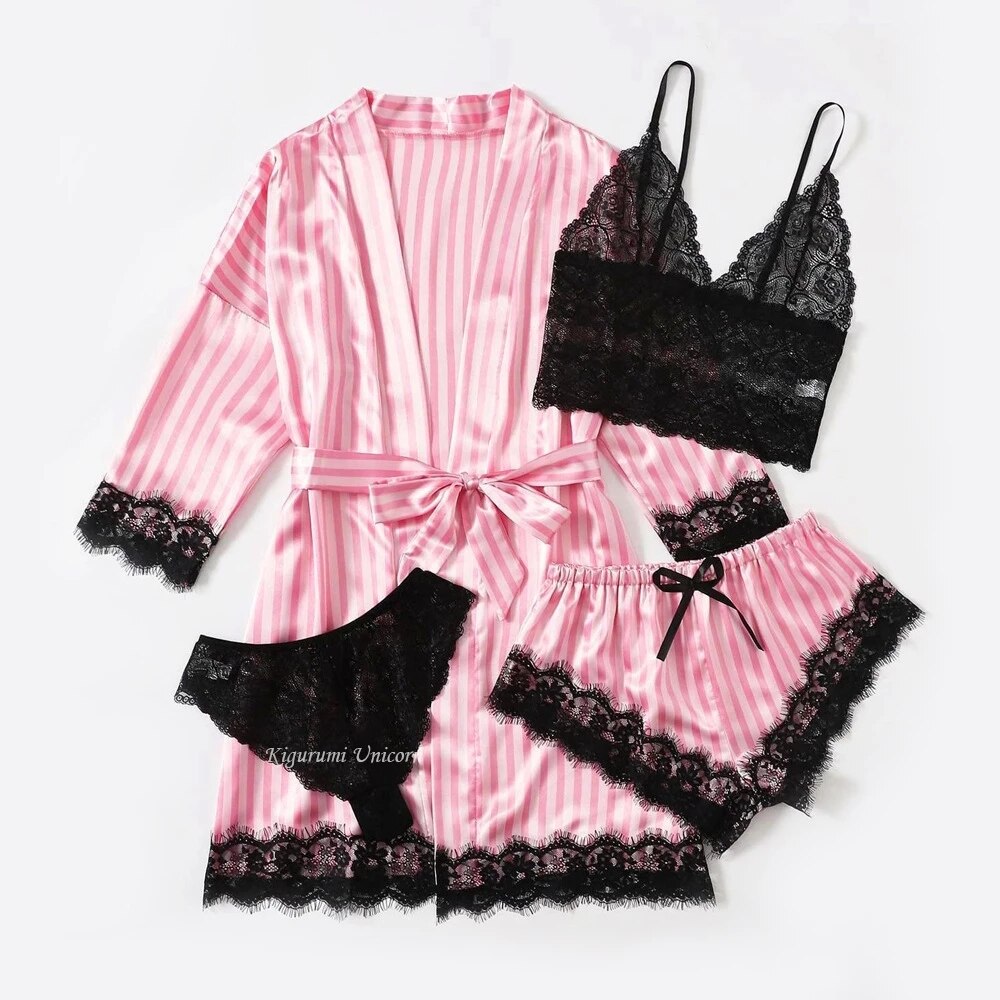 2022 New Robe Sets Pijamas Women Faux Silk Pajamas for Women Sexy Lace Hot V-neck Sleep wear Satin Summer Clothing Sets Homewear