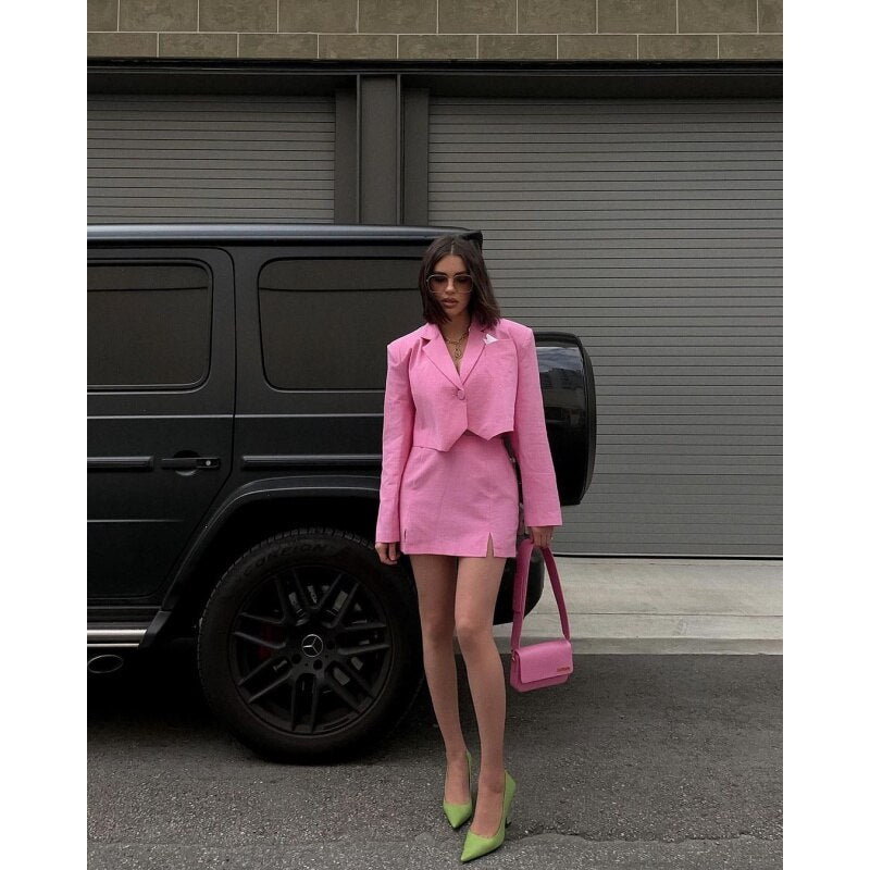 Pure cotton small suit suit 2022 spring and summer sexy short suit waist slit bag hip short skirt two-piece set