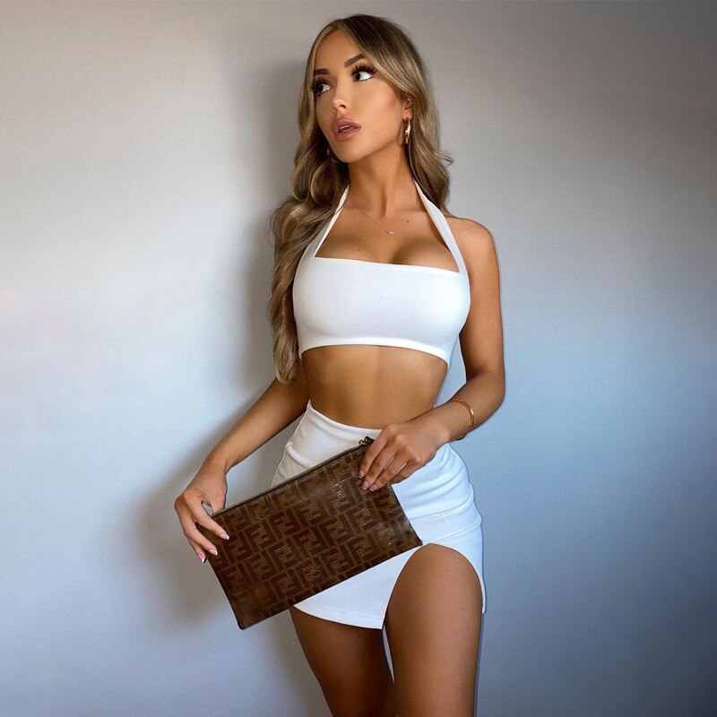 Europe And The United States Spring/Summer 2022 New Fashion Women'S Sexy Solid Color Halterneck Wrap Chest Split Short Skirt Set