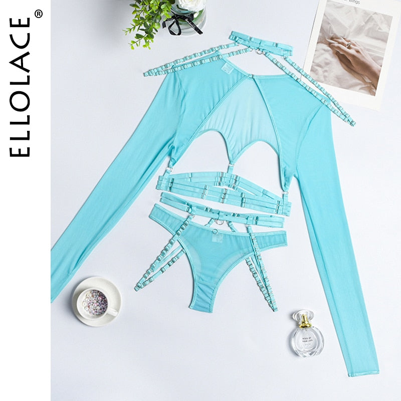 Ellolace Sexy Lingerie Sexual Costume Cut Out Porn Transparent Exotic t-Shirts Gothic Sensual Accessories 4-Piece Garter Belt