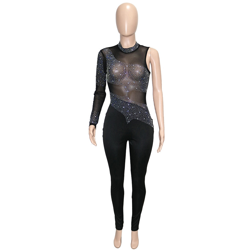 One Shoulder Sexy See Through Bodycon Outfits Perspective Summer Clothes Romper Rumper Jumpsuit Mesh Rhinestones Woman Bodysuits