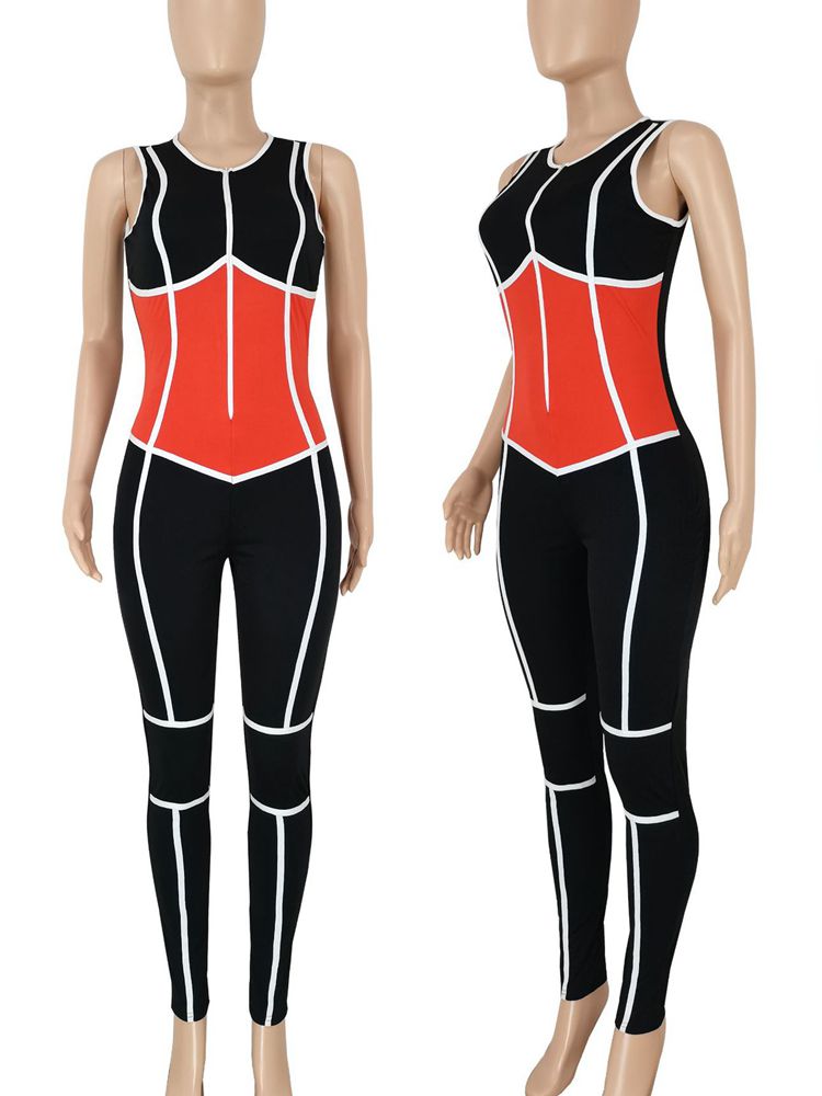 HAOYUAN Fashion Sport One Piece Jumpsuit Splicing Zip Up Sleeveless Bodycon Jump Suits Sexy Outfits for Women Rompers Wholesale