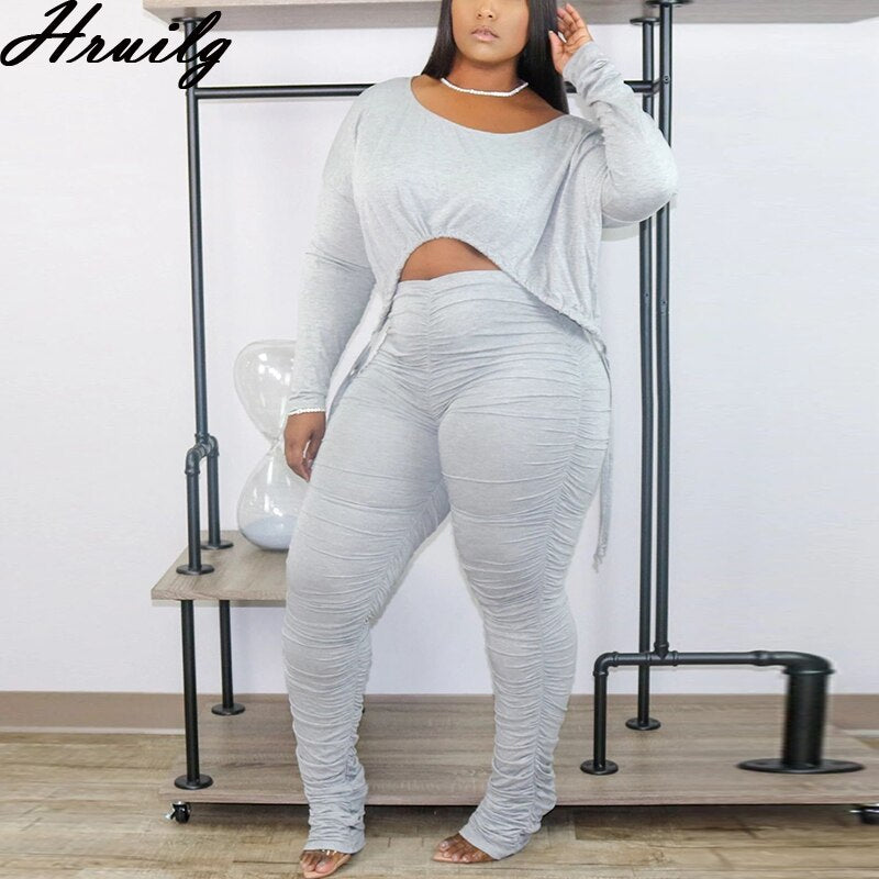 Wholesale Fashion Lounge Set Long Sleeve Crop Tops&amp;ruched Long Pants Solid 2 Piece Set Wholesale Casual Women's Clothing Set