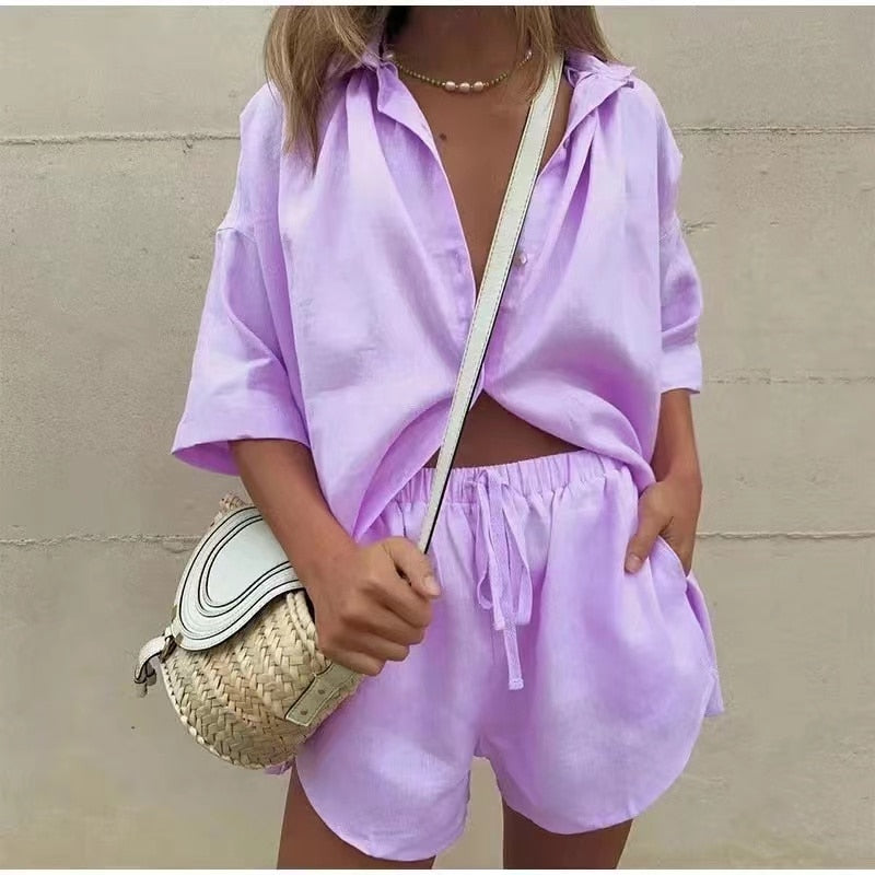 2022 New Casual Womem Lounge Wear Summer Solid Tracksuit Shorts Two Piece Set Short Sleeve Shirt Tops And Drawstring Shorts Suit